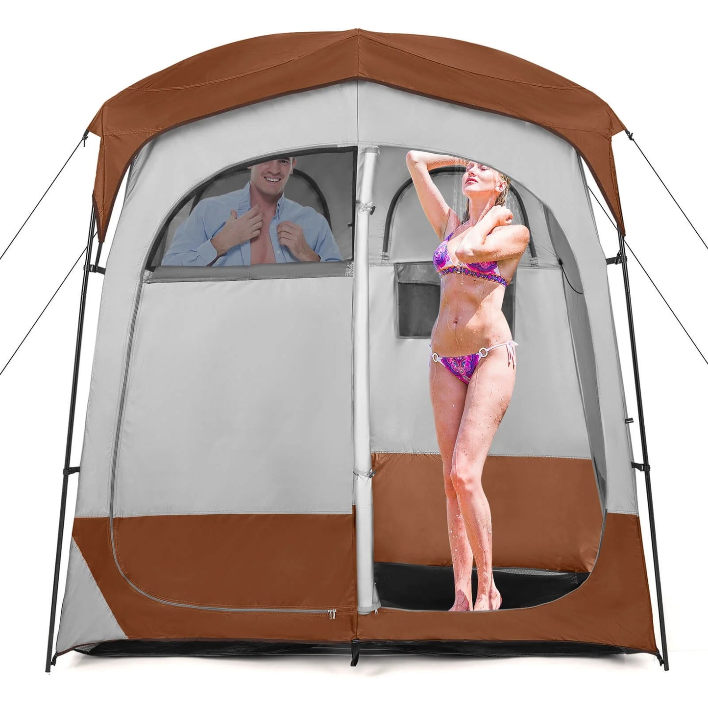 GFNXYI Brown 2-Person Shower Tent, Dual-Room Outdoor Privacy Tent with Stakes & Ropes, Portable Camping Bathing Changing Tent, Water-Resistant Sunshade Camp Shelter
