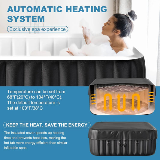 73 inch Outdoor Inflatable Hot Tub with 130 Bubble Air Jets, 4-6 Person Square Portable Hottub Spa with LED Control Panel, Blow Up Spa Bathtub with 2 Filter, Temperature up to 104��F