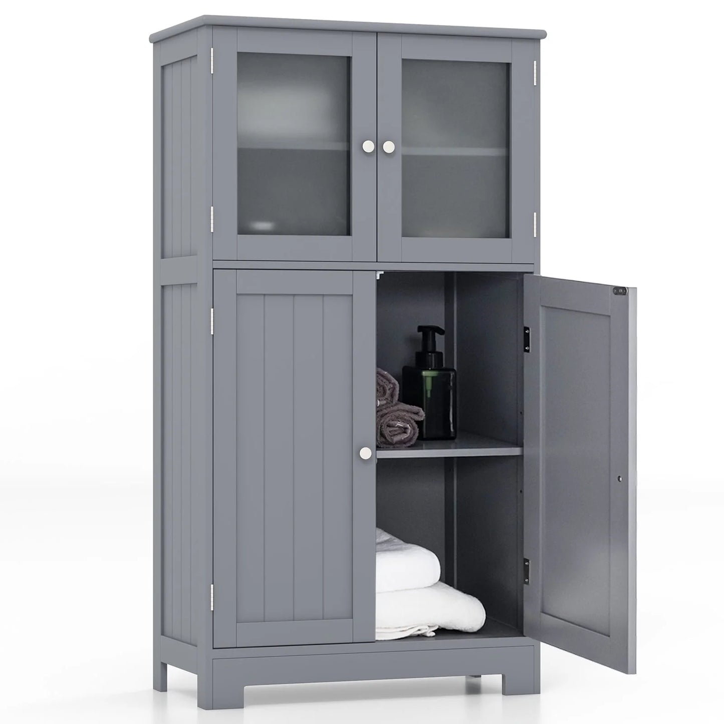 Topbuy Bathroom Storage Cabinet Freestanding Storage Cabinet w/ 4 Doors Wooden Kitchen Cupboard w/ Adjustable Shelf