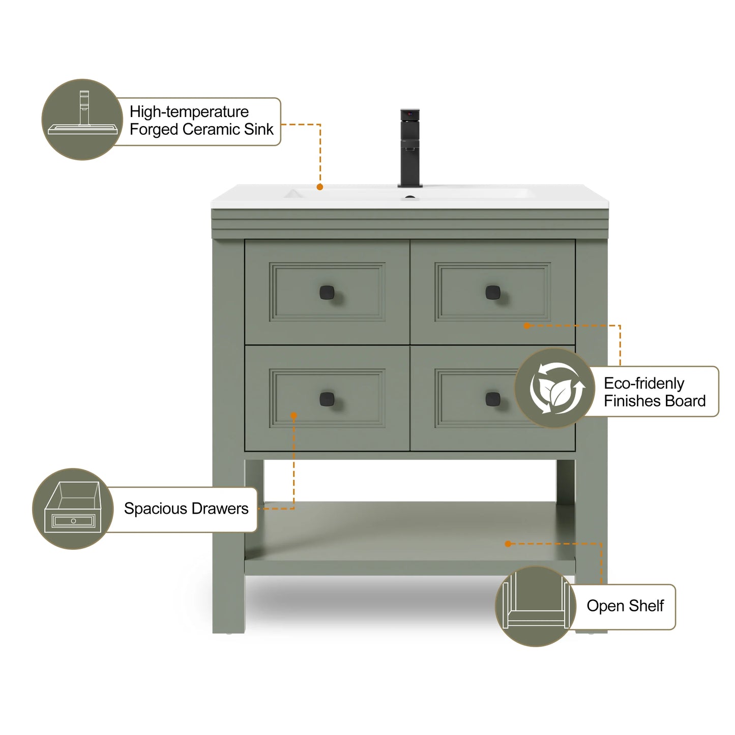 Eclife 30" Single Bathroom Vanity With Ceramic Sink Top, 2 Smooth Drawers, Faucet
