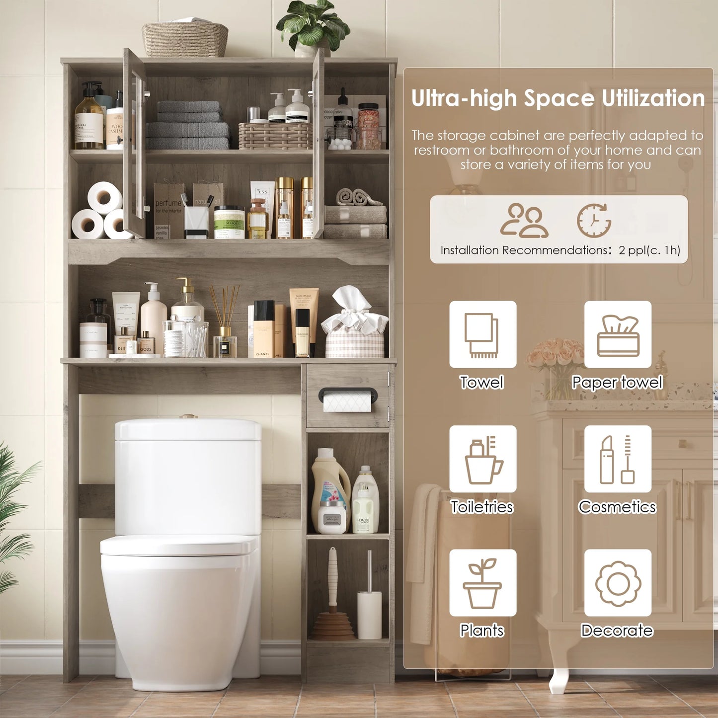 Homfa Over The Toilet Storage Cabinet with Toilet Paper Holder Stand, Above Toilet Organizer with Glass Doors, Behind Toilet Shelf for Restroom, Bathroom, Laundry, White