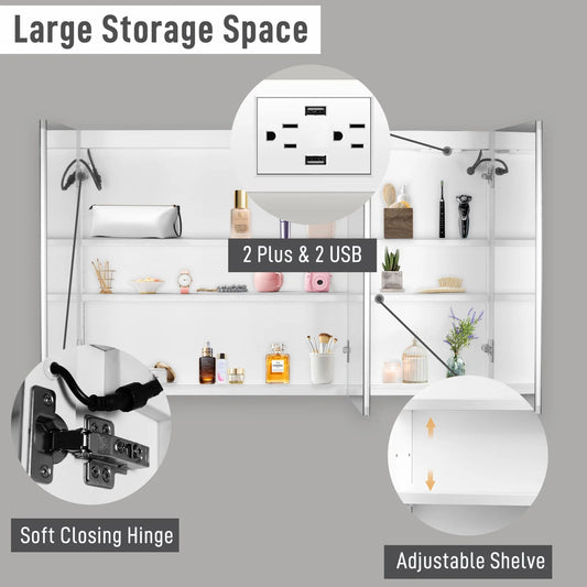 Ktaxon 48"x28" LED Bathroom Mirror Cabinet with Lights, Wall-Mounted Medicine w/ Defogger, Dimmable, Memory function, Outlets & USB, White