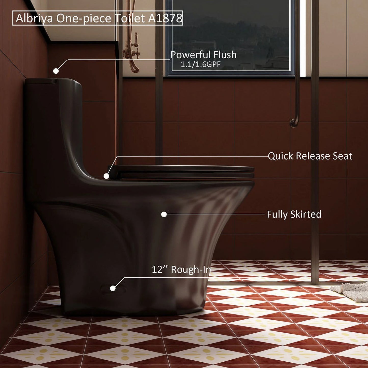 Albriya A1878 Modern One Piece Toilet, Standard Bathroom Toilet Power Dual Flush 1.1/1.6 GPF with Comfortable Seat ADA Height 16 1/2’�? 12’�?Rough-In, MaP 1000g, Glossy White