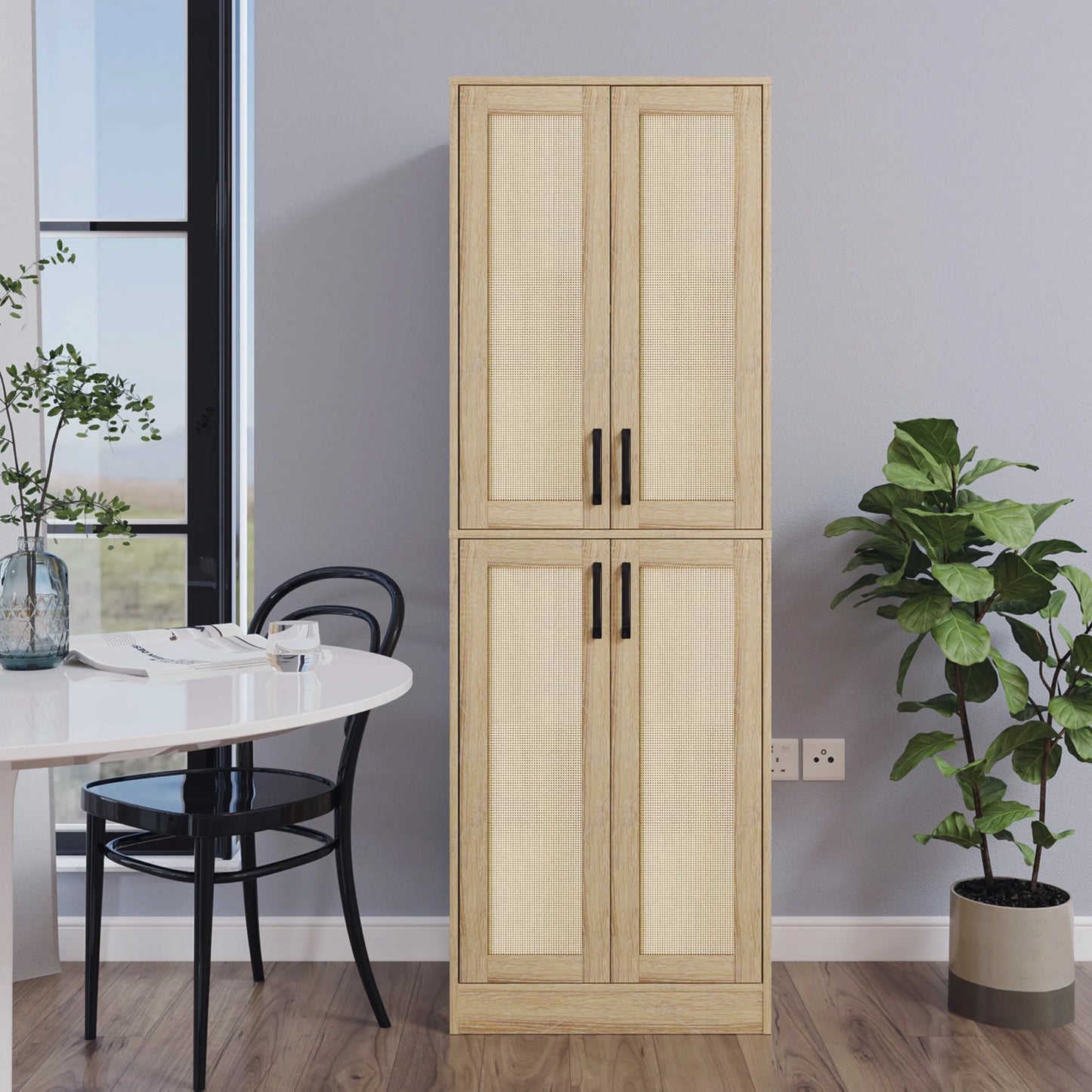 BOCVKENN Storage Cabinet - Kitchen Pantry Cabinet, Tall Pantry Storage Cabinet Freestanding with 4 Rattan Doors and Adjustable Shelves, Cupboard Cabinet for Dining Living Room, Laundry, Bathroom