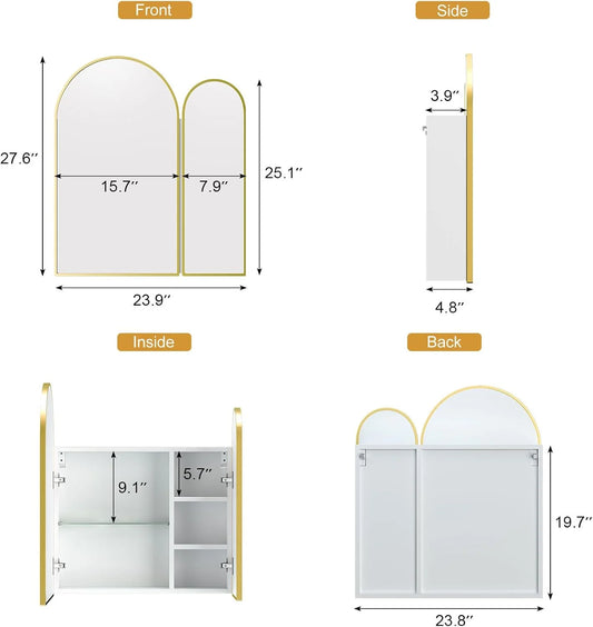 Black Arched Medicine Cabinet with Mirror,Black Medicine Cabinet with 2 Doors,Bathroom Medicine Cabinets Mirror Wall Mounted,24x28Inch
