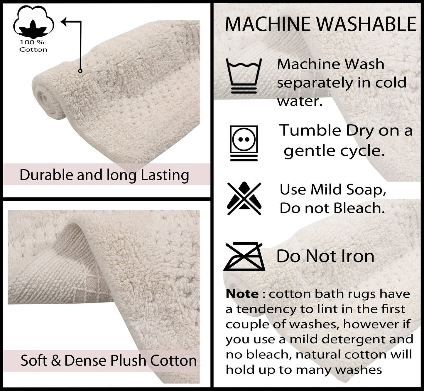 Home Weavers Inc Classy Bathmat Collection 100% Cotton Non-Slip Bathroom Rug Set, Machine Washable Bath Rug, 5 Piece Bath Mat Set with Contour Ivory