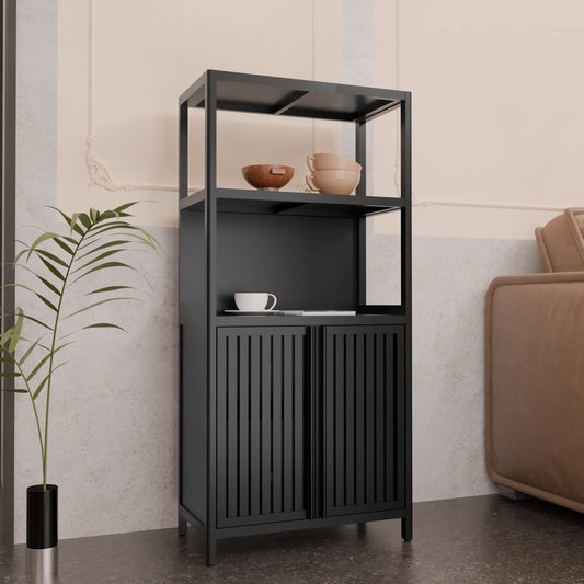 Yoneston 4-Tier Bamboo Bathroom Shelf Storage Cabinet, Freestanding Floor Cabinet with 2 Doors, Display Shelves for Living Room, Black