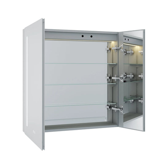 Forclover 30"x30" LED Mirror Medicine Cabinet for Bathroom with Defogger, Dimmer, Lights, Recessed or Surface Mount, Bathroom Cabinet with 3-tier Storage Shelves, Smart Touch, Anodized Aluminum