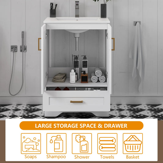 24" Bathroom Vanity with Ceramic Undermount Sink - Freestanding 2-Door & 1-Drawer Storage Cabinet, White