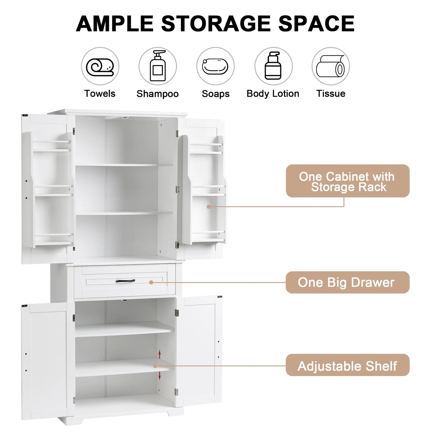 Bellemave White Tall Storage Cabinet with Adjustable Shelf Bathroom Cabinet with 1 Drawer and Storage Rack Large Freestanding Wood Cabinet Storage Organizer Floor Cabinet, White