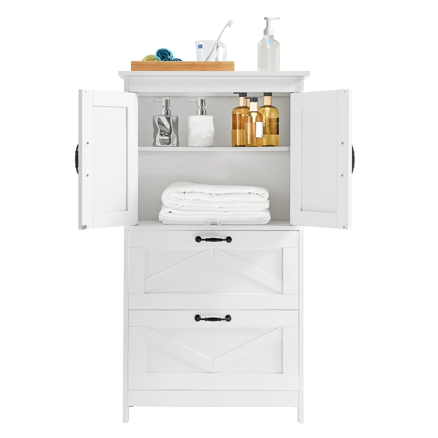 KFFKFF 4-Tier Bathroom Floor Cabinet, Wooden Storage Organizer with 2 Doors, 2 Drawers, and Adjustable Shelf, Freestanding Cupboard for Kitchen, Living Room, or Entryway, White