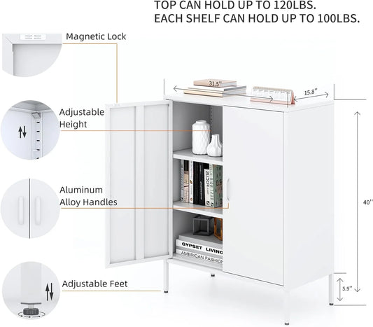 White Metal Cabinet with Doors and Shelves,Metal Locker Storage Cabinet with Leg,3-Tier Office Cabinet,Metal Shelf Cabinet for Home Office,Bathroom,Coffee Bar,Balcony