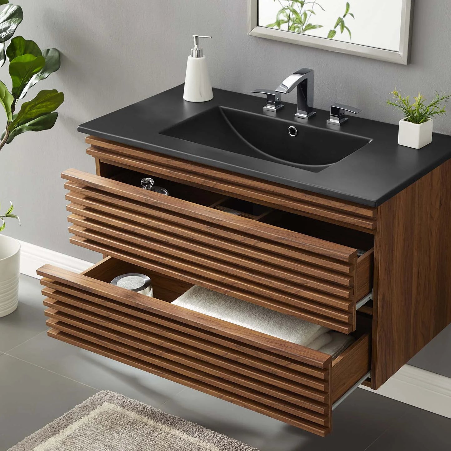 Modway Render 36" Wall-Mount Bathroom Vanity in Walnut Black