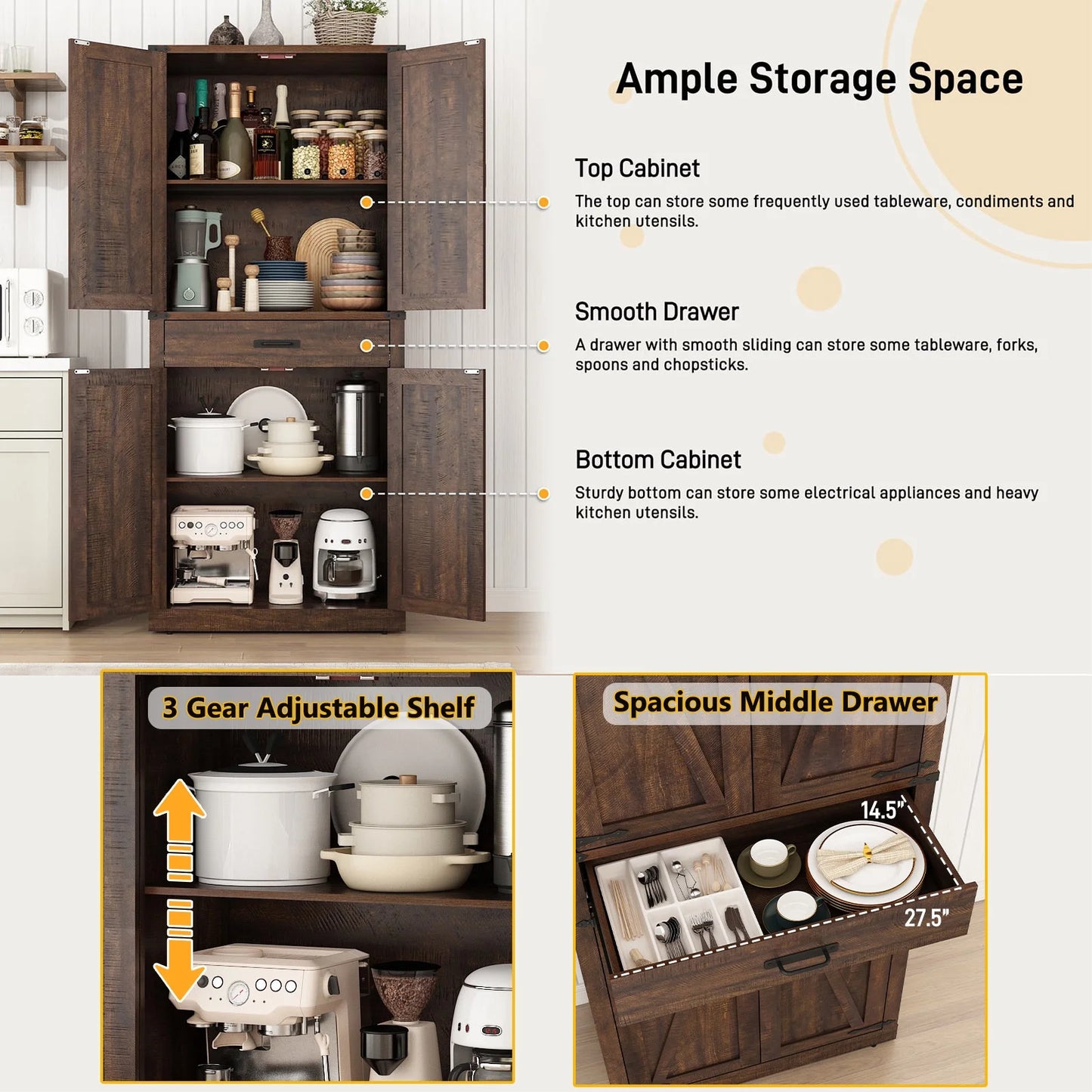 72" Tall Farmhouse Kitchen Pantry Cabinet w/1 Drawer & 4 Roomy Storage Shelves, Versatile Wood Storage Cabinet with 4 Barn Door & Adjustable Shelves & for Dining Room Bathroom Utility Room