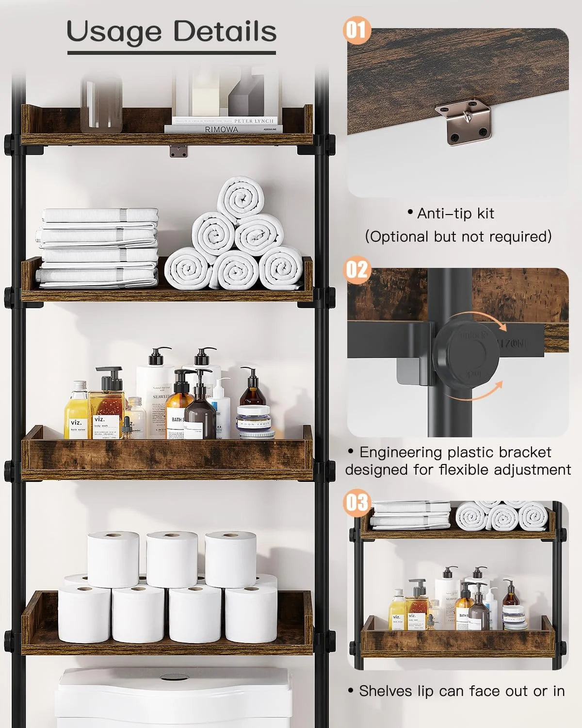 Adjustable Over The Toilet Storage Cabinet, Tension Mount Bathroom Organizers and Storage Over Toilet with 3 Tier Shelves, Over Toilet Bathroom Organizer Fit 92-116 Inch Tall, Rustic Brown