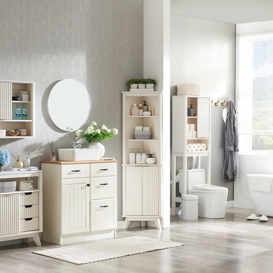 OKD 68" Tall Corner Storage Cabinet with Faux Marble Top and Adjustable Shelves Modern Pantry Curved Profile Bookshelf for Bathroom Kitchen Living Room Dining Room, Off White