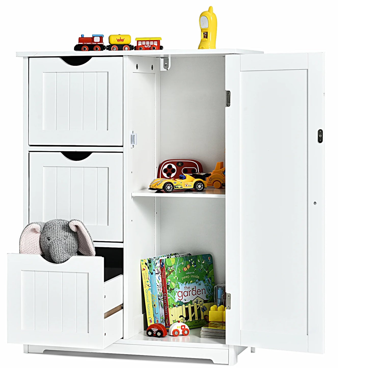 Costway Bathroom Floor Cabinet Side Storage Cabinet with 3 Drawers and 1 Cupboard White