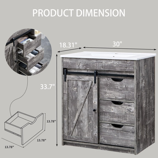 MIHOVER 30" Farmhouse Bathroom Vanity with Sink, Bathroom Dresser with 3 Drawers & Adjustable Shelves