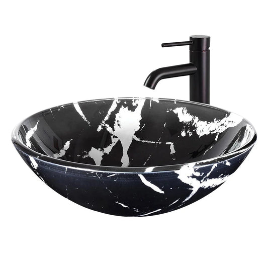 Aquaterior Tempered Glass Round Vessel Sink Artistic Marbling Pattern Above Counter Bathroom Lavatory Vanity Bowl Basin