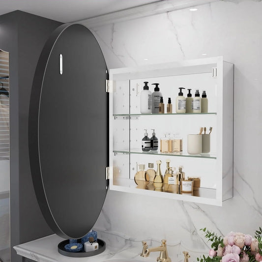 WallBeyond Bathroom Medicine Cabinet with Round Mirror Aluminum Framed 28", Black