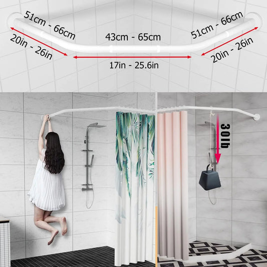 Gleam Adorn Diamond Shaped Shower Curtain Rod (Both Sides: 17"-25.6",Middle:20"-26) Stretchable True 304 Stainless Bathroom Bathtub Corner Rack White