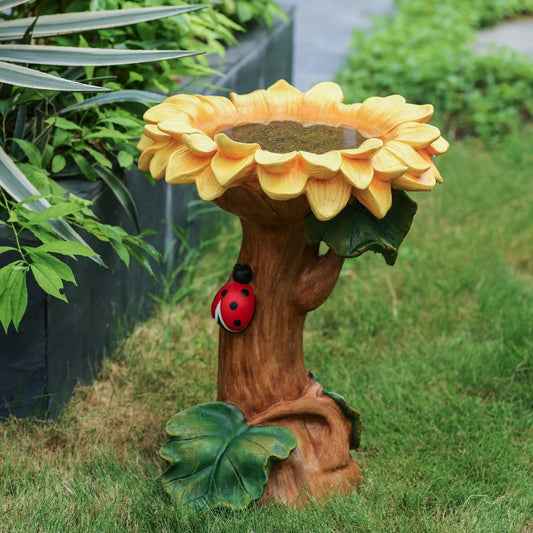 LuxenHome 22.63" H Yellow Sunflower Resin Birdbath