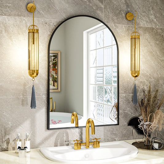 GLSLAND Wall Mounted Mirror, 20" x 30" Arch Bathroom Mirror for Wall, Vanity Mirror for Bedroom, Black