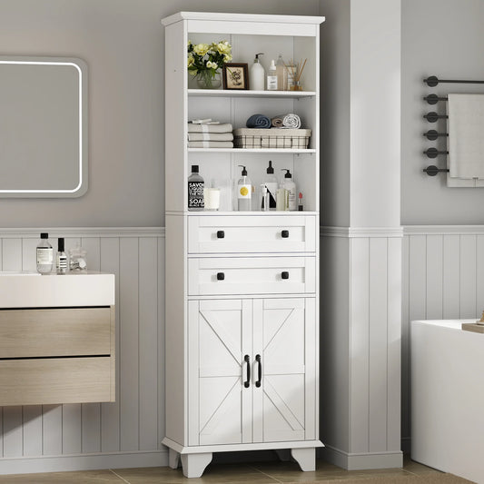 IDEALSOUL Tall Storage Cabinet, 72" Farmhouse Bathroom Storage with 2 Drawers, Adjustable Shelves & Barn Door, Cabinet for Bathroom, Living Room, Kitchen, off-White