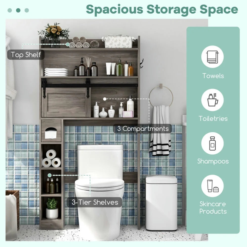 Yardi Yard Over The Toilet Storage Cabinet with Sliding Barn Door and Adjustable Shelves-Gray, Bathroom Organizers and Storage