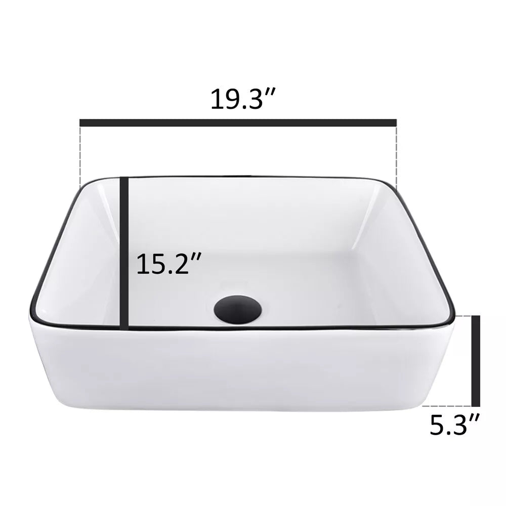 FULLWATT Bathroom Ceramic Sink Vanity Vessel Basin Porcelain Faucet Drain Combo Rectangle,White