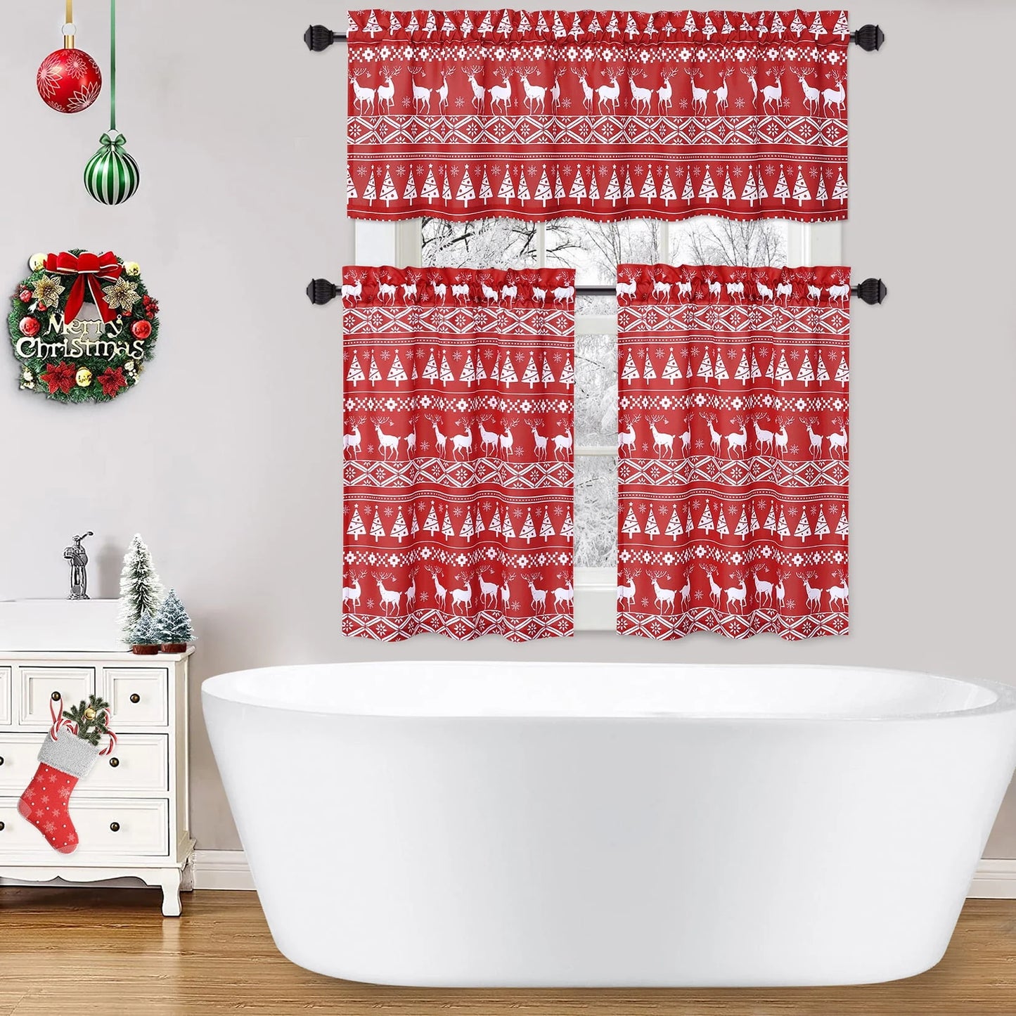 ZACOO 26"Wx24"L Red Christmas Kitchen Curtains Xmas Tree and Deer Pattern Bathroom Window Curtain Boho Style Half Window Curtains Light Filtering, Set of 2