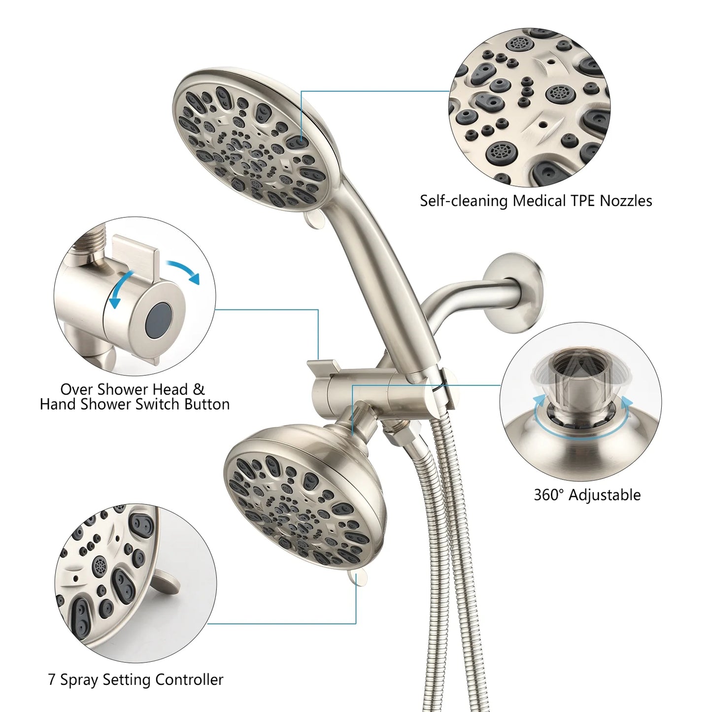 Proox 5 inch High Pressure Dual 2 in 1 Rain Showering Faucet Handheld Combo Set with Bathtub Spout