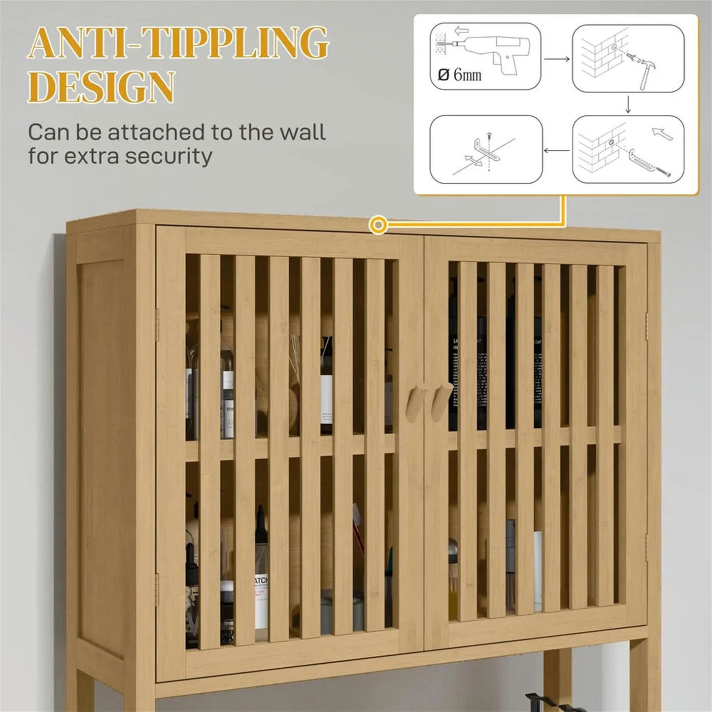 Finihen 67" Bamboo Over The Toilet Storage Cabinet with Adjustable Shelves, Bathroom Shelf Over Toilet Rack, Bathroom Storage Cabinet Organizer, Brown