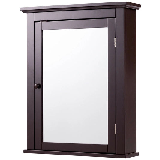 Gymax Bathroom Mirror Cabinet Adjustable Shelf Wall Mounted Medicine Storage Brown