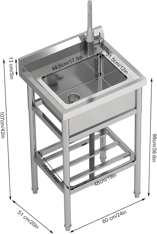 TROPOW 24x20x42 Inch Stainless Steel Utility Sink, Freestanding Single Bowl with Cold and Hot Water Pipe and Faucet, Commercial Sink Kitchen Sink for Restaurant Laundry Room Bathroom Garage Garden