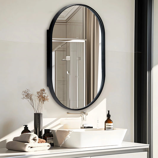 Soges Oval Bathroom Mirror Cabinet Medicine Cabinet Iron Frame with 2 Adjustable Shelves, Recess or Surface Mounted Installation, 34" x 20", Black