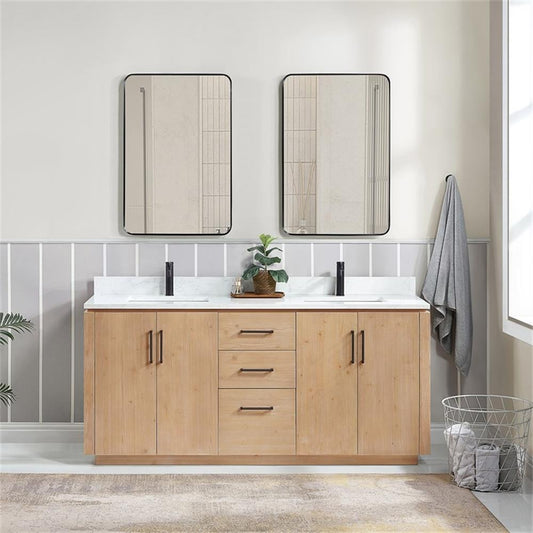 Vinnova San 72" Double Sink Wood Bath Vanity with Grain Stone in Brown/White
