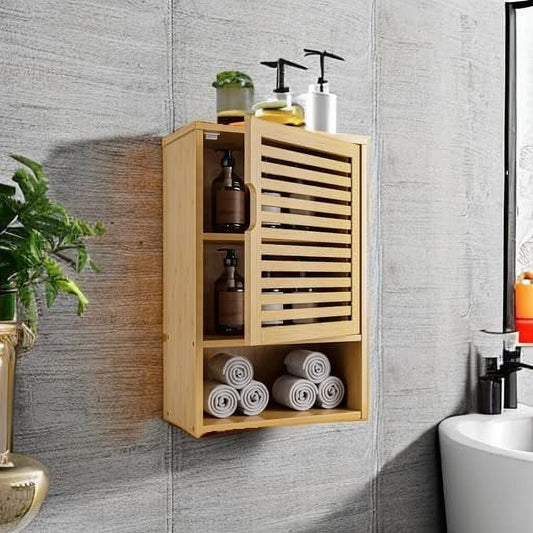 Bathroom Wall Cabinet, Medicine Cabinet Over The Toilet, Bamboo Hanging Storage Organizer with Single Door and Open Bottom Shelf, for Kitchen Living Room, Natural