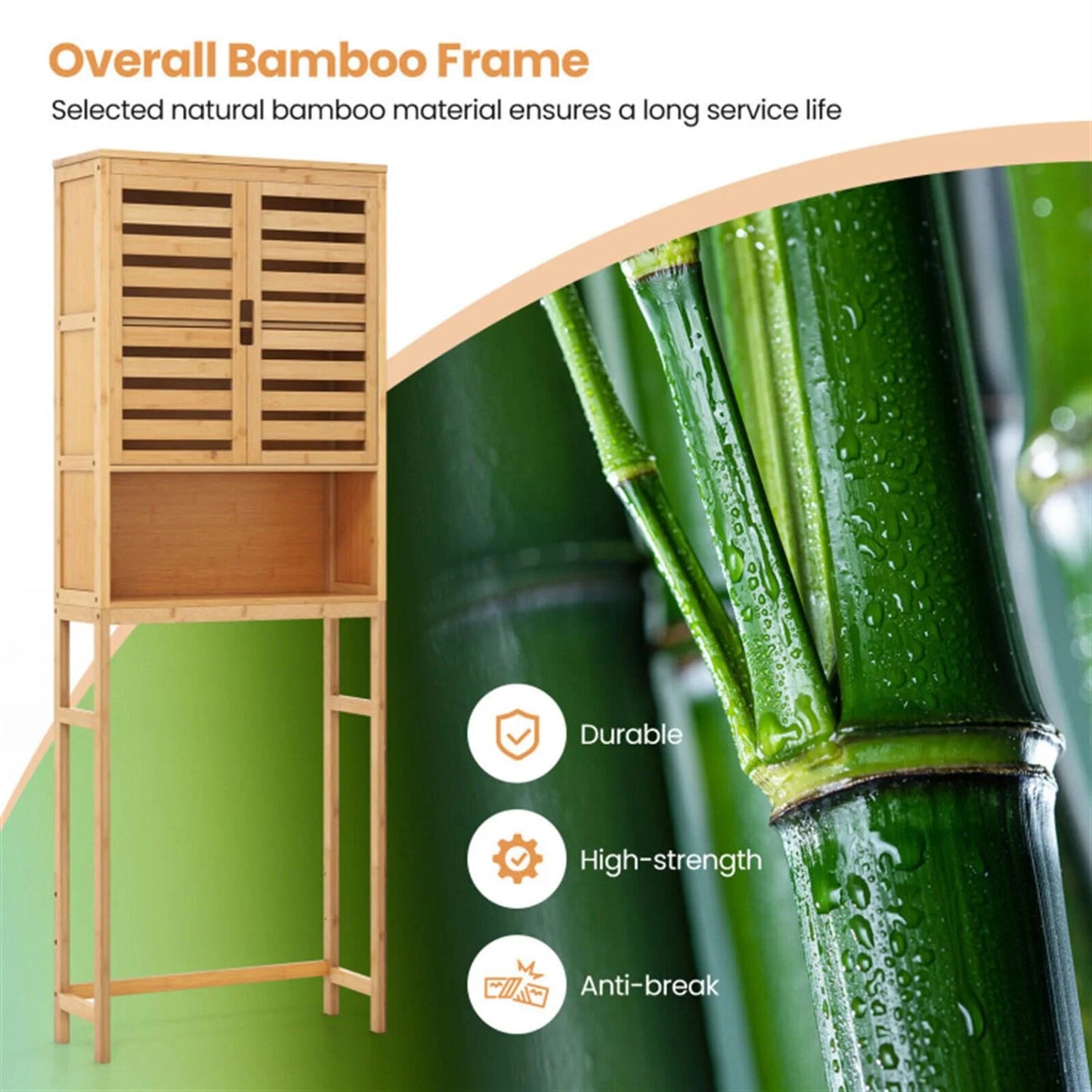 Finihen Bamboo Over The Toilet Storage Cabinet, Tall Bathroom Cabinet Organizer with Cupboard and Adjustable Shelves for Laundry Room, Balcony, Natural