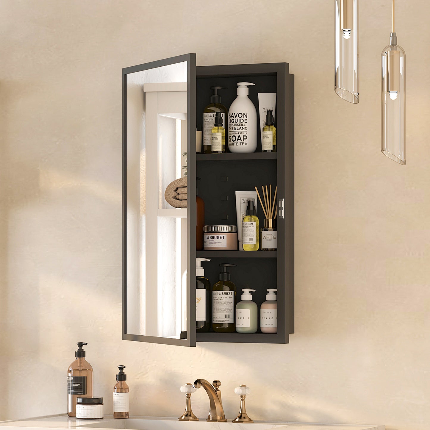 Hironpal Black Metal Framed Bathroom Mirror Medicine Cabinet Recess or Surface Mount Installation