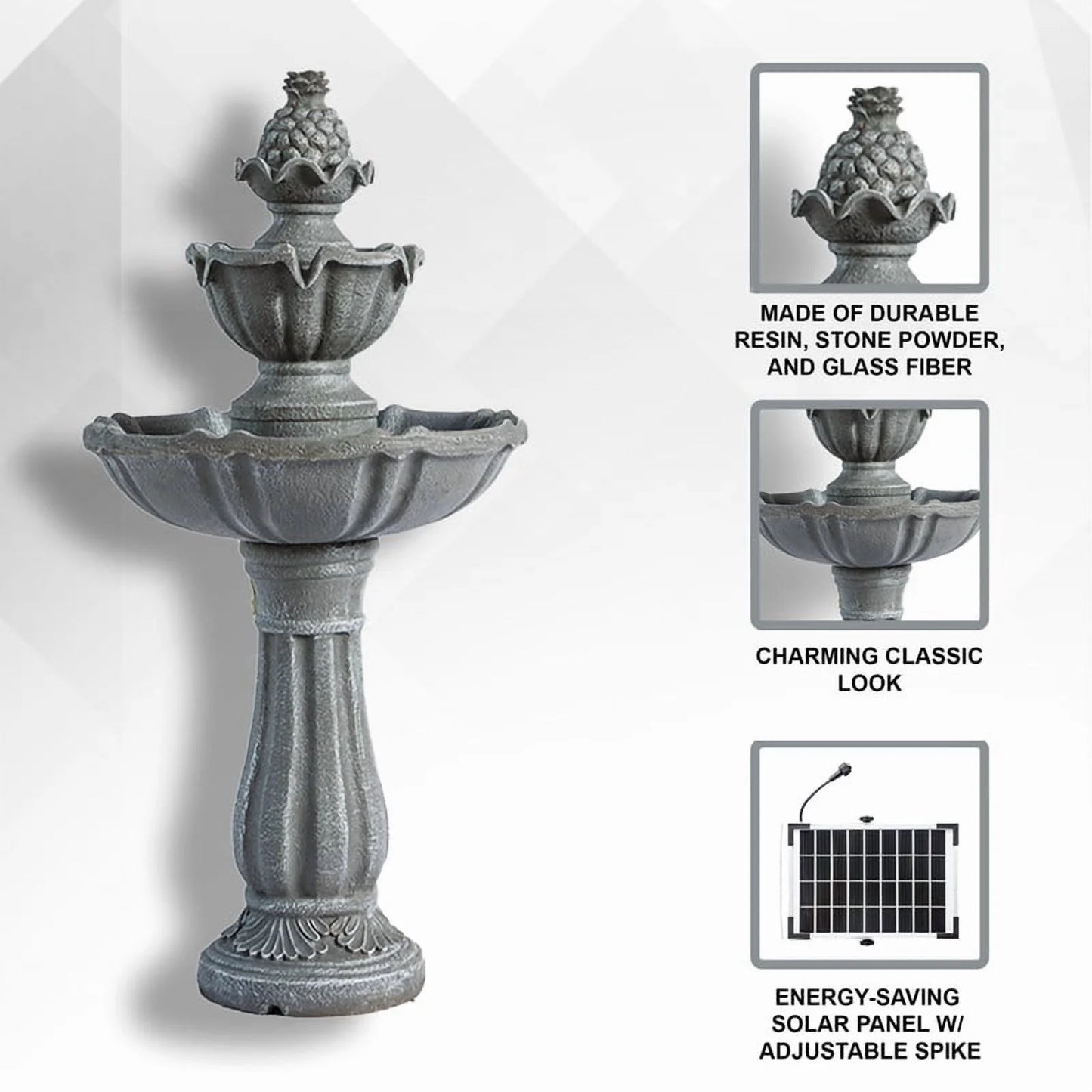 XBrand 36.2" 2-Tier Outdoor Freestanding Solar Water Fountain - Classic Design, Grey Resin Bird Bath with Pump - Ideal for Yard, Lawn and Garden, Porch D��cor