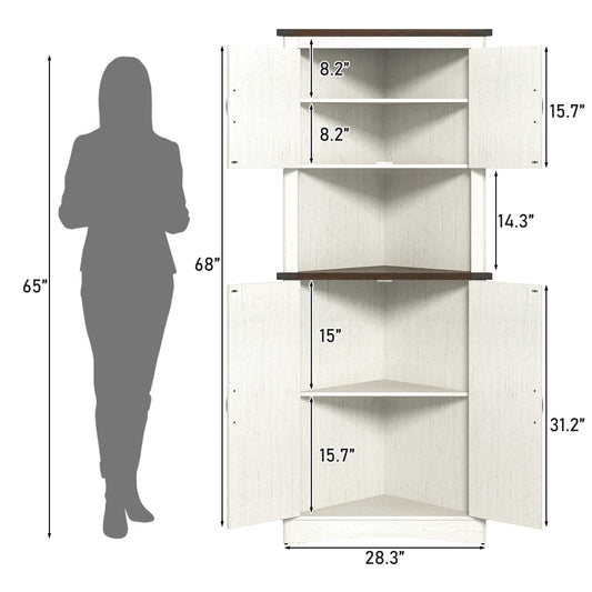 Blotout 68" Tall Farmhouse Corner Cabinet with 4 Doors, 28.3" W Barn Door Storage Cabinet with Adjustable Shelves, 5 Tier Corner Storage Cabinet for Bathroom,Living Room,Kitchen