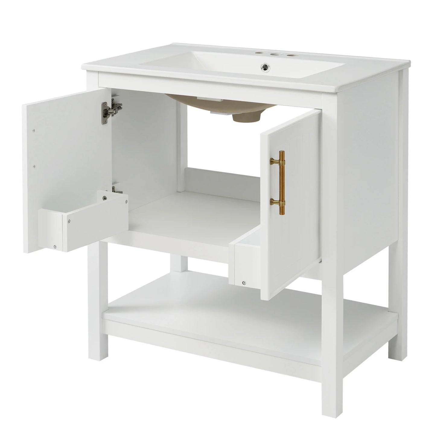 30" Freestanding Single Bathroom Vanity with Ceramic Top and Bottom Open Shelf, White