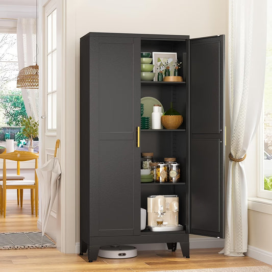 Modern Black Metal Storage Cabinet with Adjustable Feet - Freestanding Pantry Sideboard with 3 Shelves for Kitchen, Laundry, Bathroom, Living Room & Dining Area