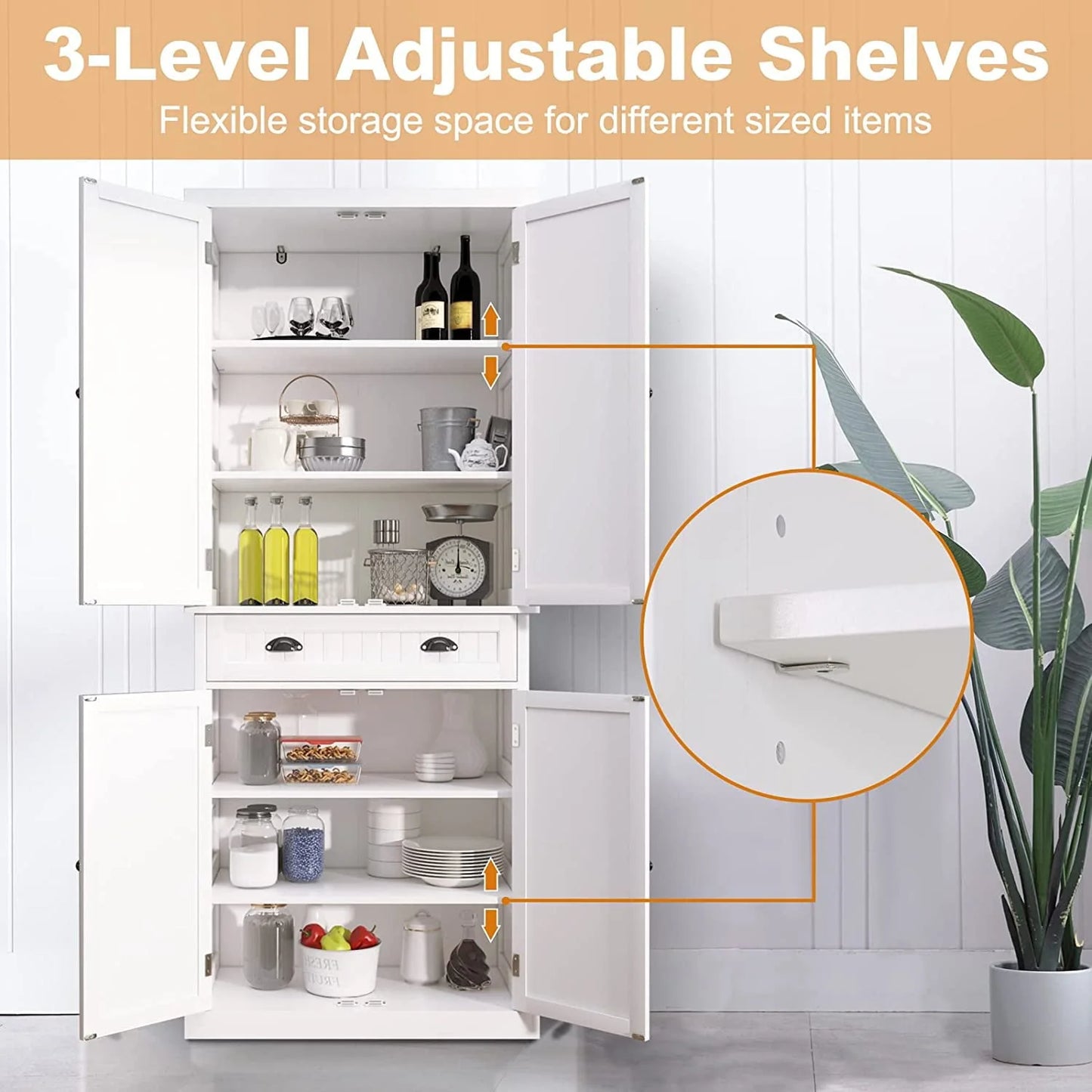 HLR 72 inches Kitchen Pantry Storage Cabinet, Pantry Cabinets with Drawer and Adjustable Shelves, Kitchen Pantry for Bathroom, Livingroom, Dining Room, White