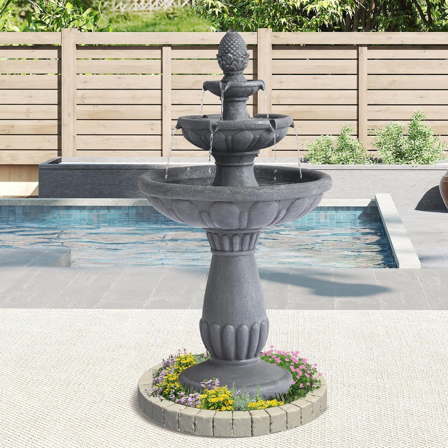 Haverchair 40.6" High Large Italian Outdoor Water Fountain, 3-Tier Standing Bubbler Waterfalls Fountain with Pineapple Top and Roman Pillar, Resin Garden Water Fountains for Bird Bath Patio Yard Deck