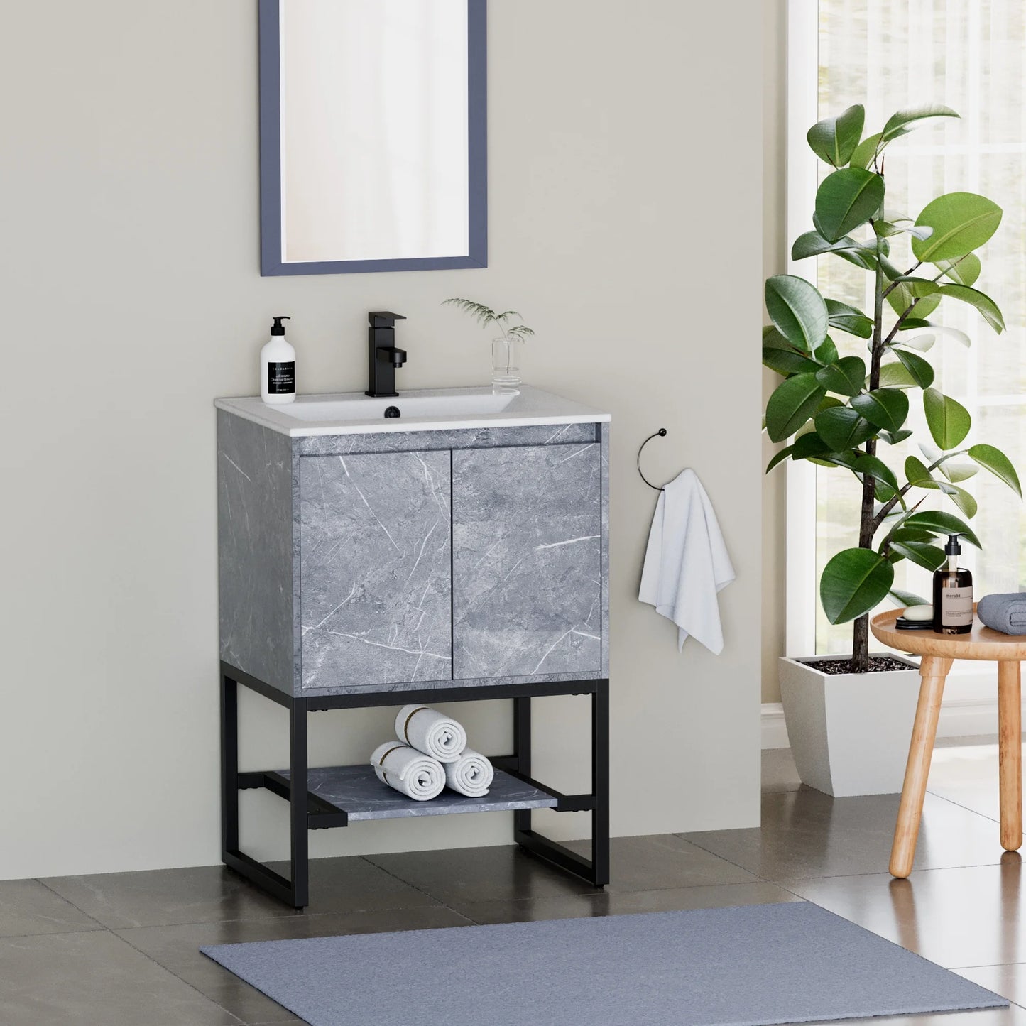 Eclife 24 Inch Freestanding Bathroom Vanity with Drop-In Sink Top, Water Efficient Faucet, Fast Drain, Overflow with Tiny Backsplash