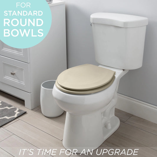 Bath Bliss Beveled Wood Standard Round Toilet Seat in Beige