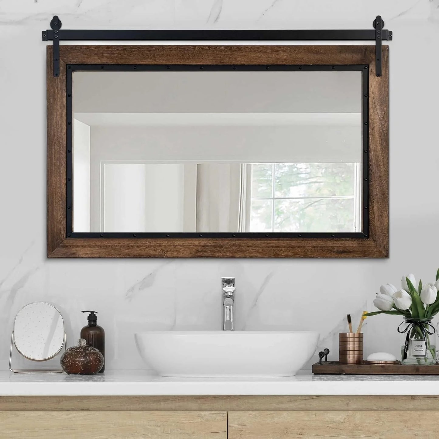 COSMOGO Farmhouse Barn Door Style Natural Wood Bathroom Vanity Wall Mirror 24"x32"