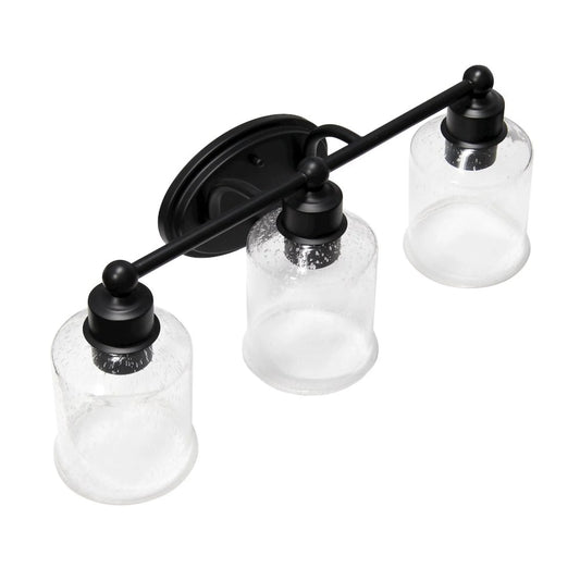 Elegant Designs 22" Modern Timeless Decorative 3 Light Wall Mounted Vanity Fixture with Clear Speckled Glass Shades for Bathroom, Entryway, Hallway, Foyer, Office, Bedroom, Dining Room, Black